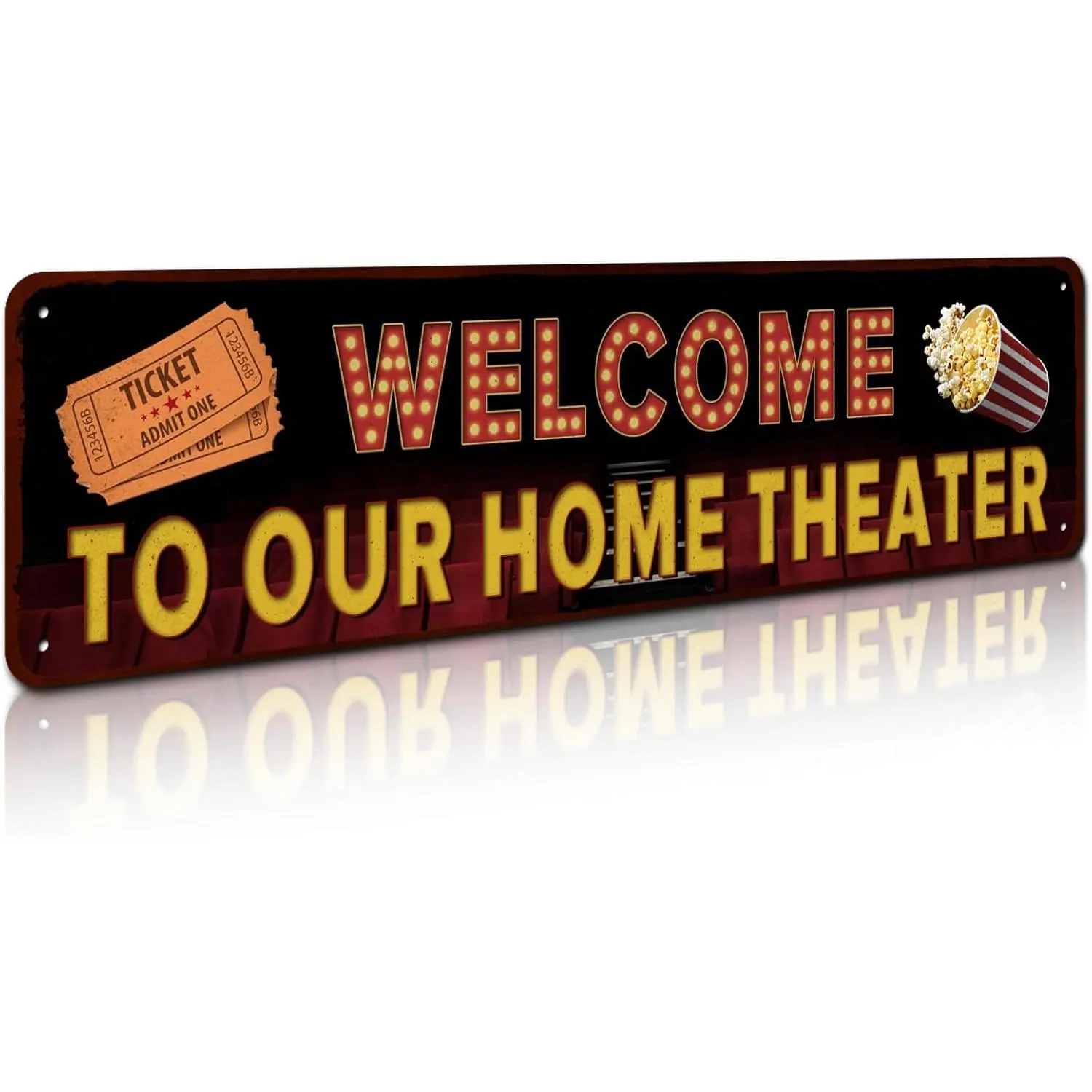 Vintage Aluminum Iron Print Sign, 4x16in Decorative Aesthetic Home Plaque Decor for Bar, Media Room (Welcome to Our Home Theater)