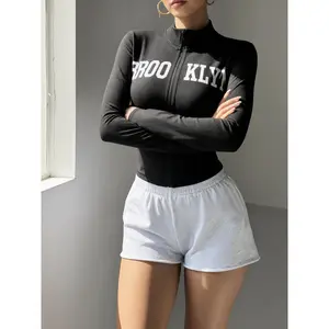 Women's Yoga Sports Jacket with Zipper, Letter Elasticity, Long Sleeve Top for Running, Fitness, and Yoga