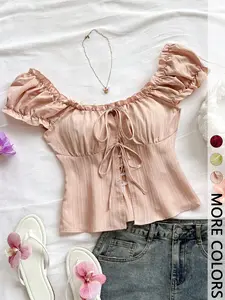 Women's Bubble Sleeve Tie Front Fitted Top, Ruffle Square Neck Striped, Slim Fit Short Dress, Casual Style, Plain Pattern