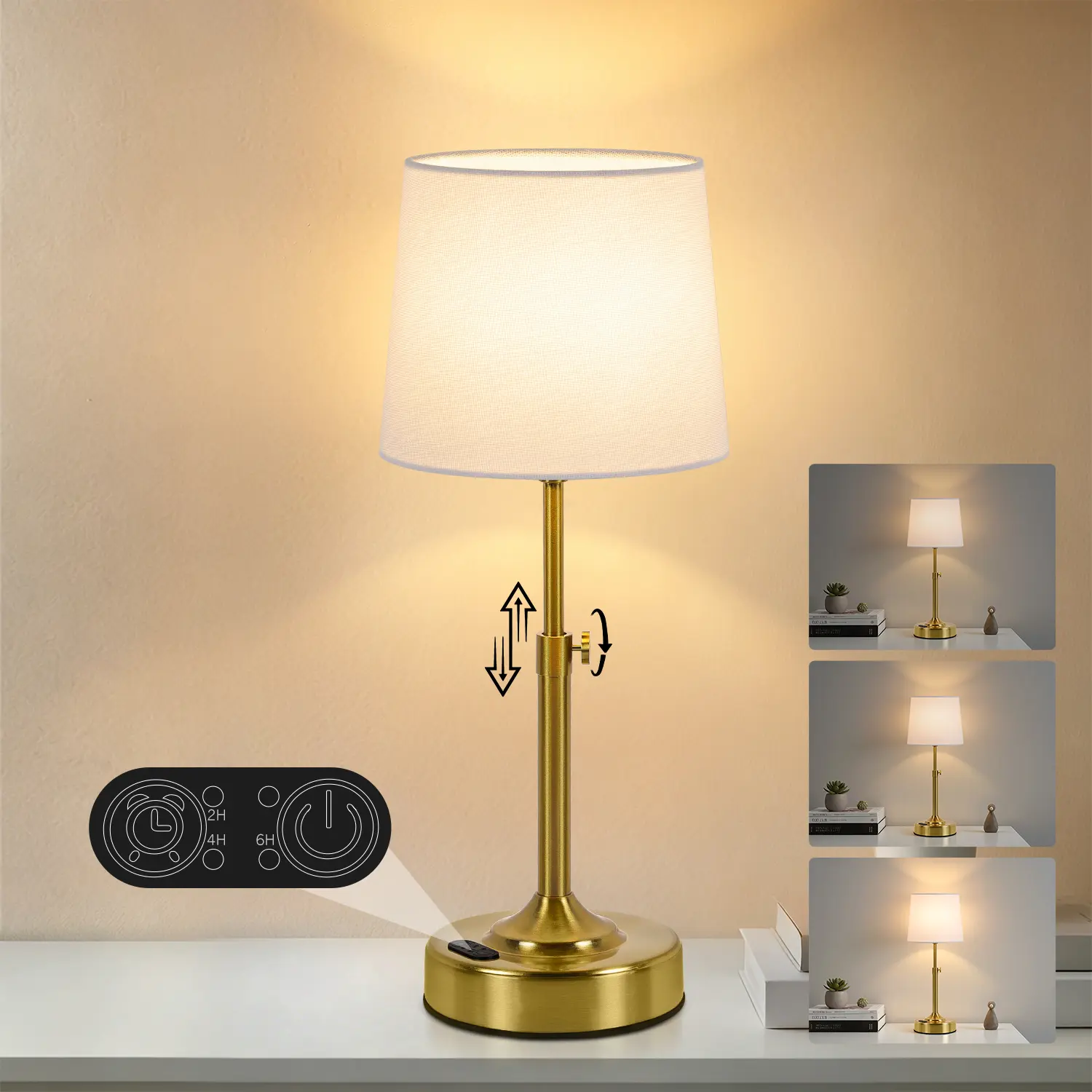 MATULSA Height Adjustable Table Lamp with Timer, Cordless Rechargeable Lamps, Dimmable Portable Table Light for Camping Restaurant, LED Wireless Lamps, Bulb Included