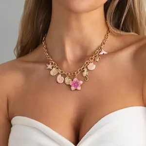 Ocean Inspired Seashell Pendant Necklace – Coastal Mermaidcore Jewelry with Scallop Shell, Fishtail & Enamel Floral Charms, Trendy Beach Vacation Accessory for Summer Outfits & Daily Fashion