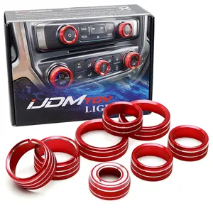 iJDMTOY 8pcs Sports Red Aluminum AC Climate Control, Stereo Audio Turners, Front Light/Turn Signal Switch Cover Decorations For 2014-2018/19 Chevy Silverado GMC Sierra