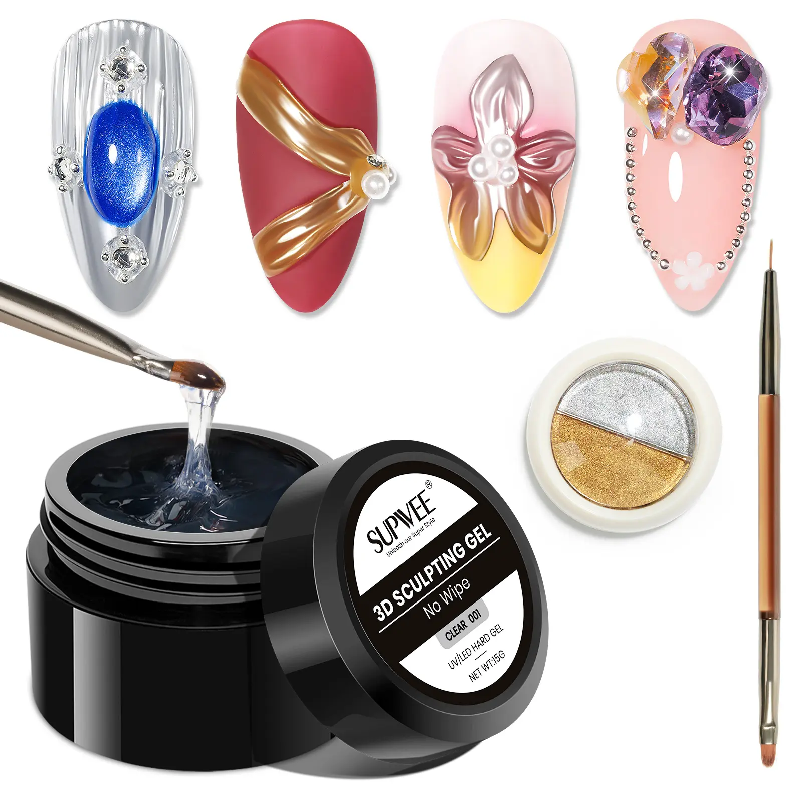 3D Sculpting Nail Gel No Wipe – Clear Semi Solid Builder Gel for Chrome Powder, Rhinestone Glue, 3D Carving Nail Art Decoration