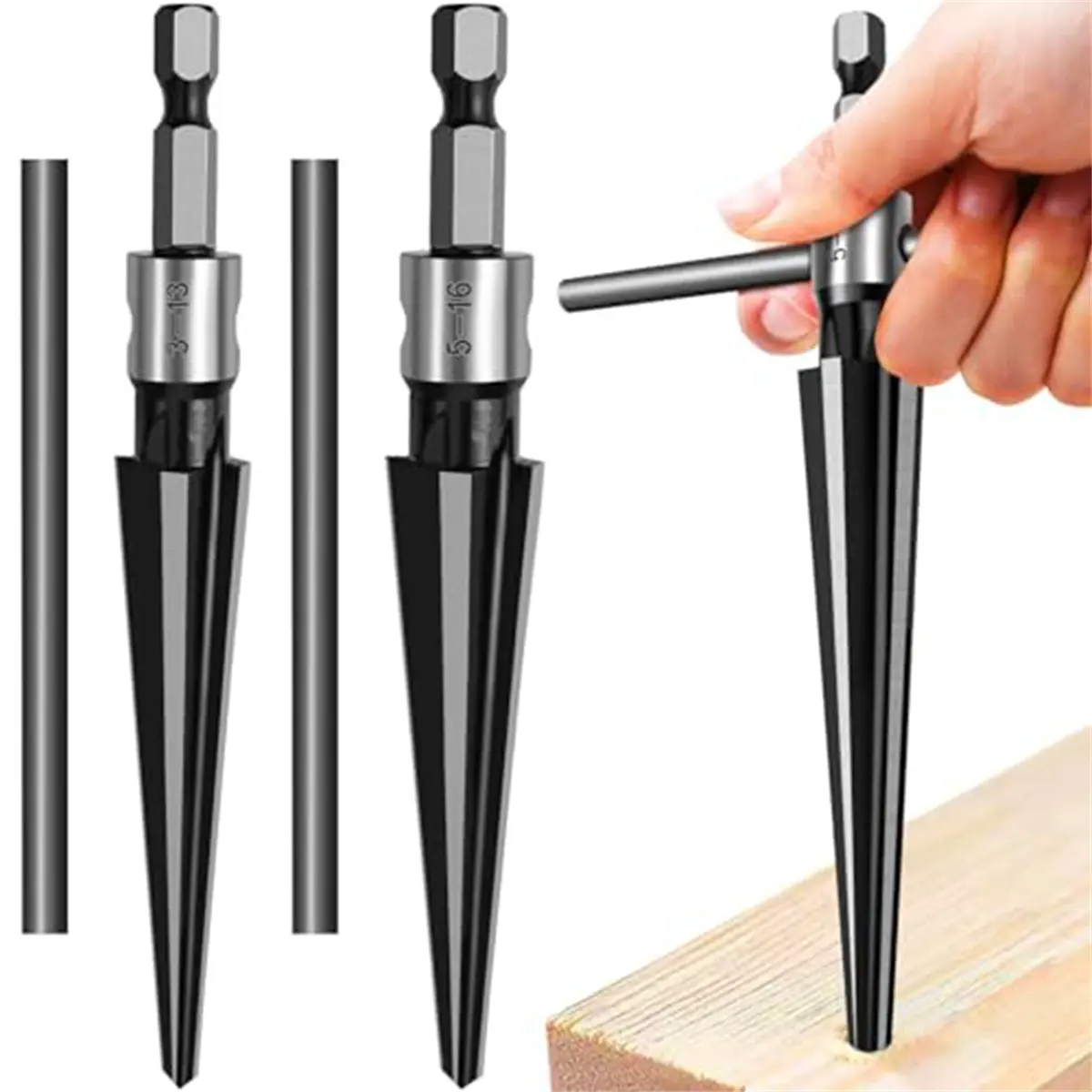 2-Piece Hand-Held Tapered Hexagonal Reamer Set Pack - 6-Slot Hex Reamers with 45 Steel Metal Plates, 3-13mm/5-16mm Sizes, High Strength for Hole Enlarging & Reaming in Plastics, Two Piece Set, Tapered Tips