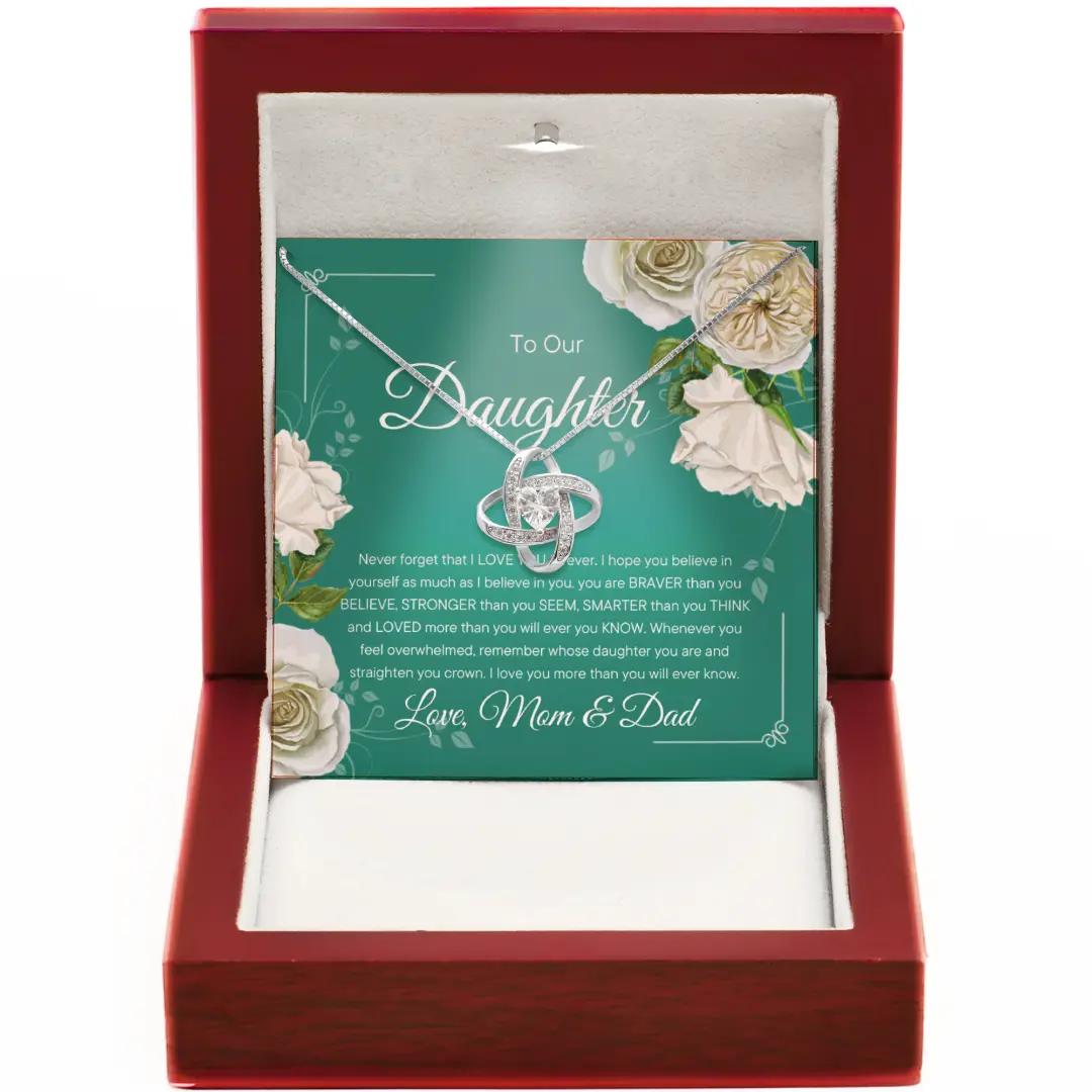 Daughter Necklace from Mom and Dad - 14k Gold Love Knot Pendant with Emotional Message Card for Graduation Birthday or Wedding