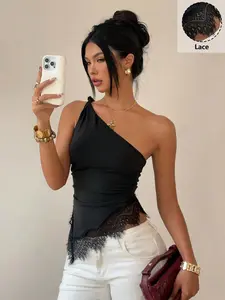 Asymmetrical Lace Trim Halter Top, Slim Fit Sexy One-Shoulder Shirt, Perfect for Dates, Casual Parties, Daily Wear, Office Layering, Chic, Aesthetic
