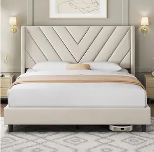 Modern Upholstered Platform Bed with Slat Support, Beige, Twin/Full/ Queen size