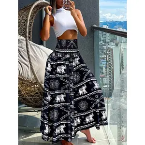 Print Wide-Leg Pants for Women - High Waist, Pleated Detail, Machine Washable - Perfect for Spring/Summer/Fall