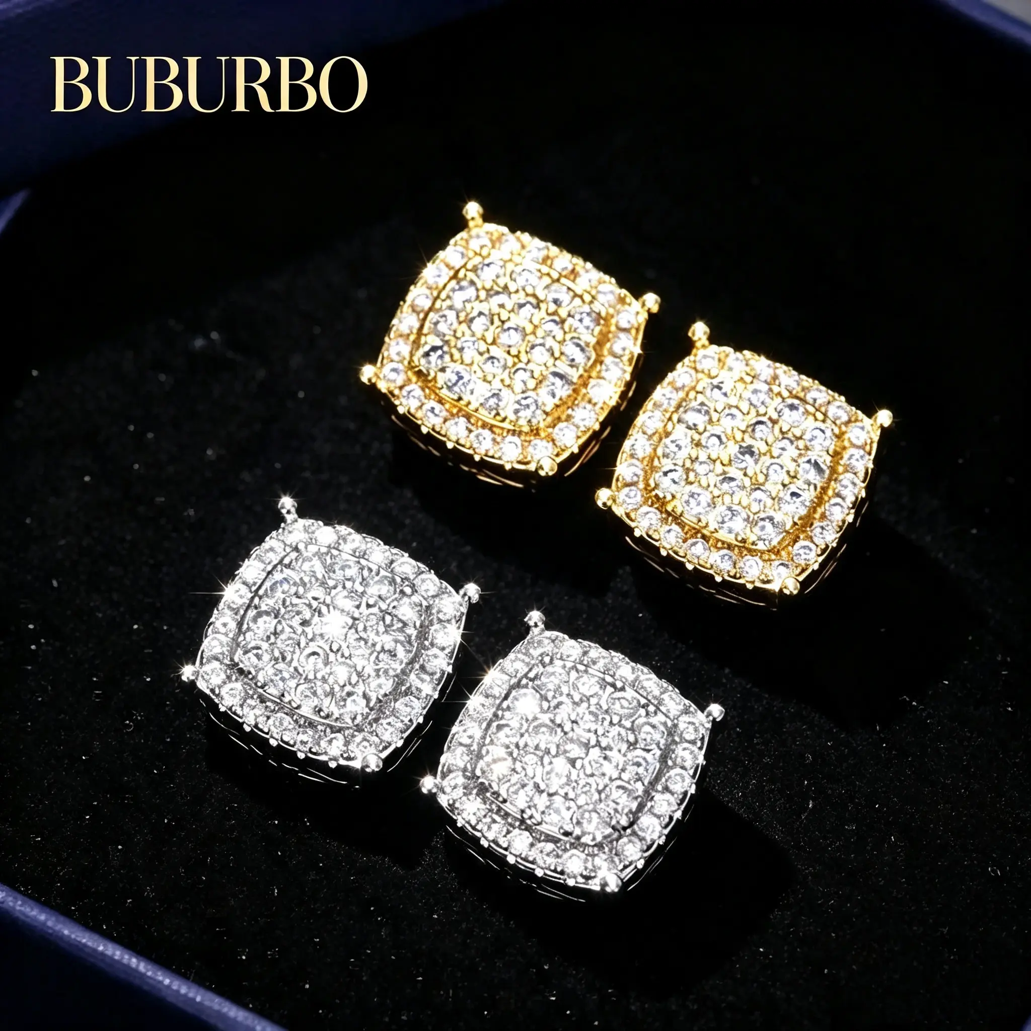 BUBURBO Unisex Rhinestone Square Studs - 2026 New Arrivals & Fresh Design | AAA 12-Facetted CZ 18K Gold Plated | Versatile Summer Gift Box