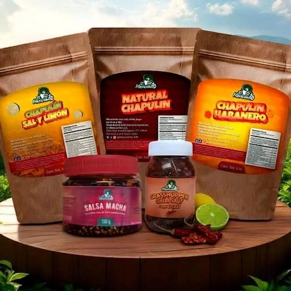ElMexicanito: CHAPULIN COMBO 2.0: 1 Natural Chapuline Ajo Con Chile De Arbol,1 Chapulin Habanero,1Chapulin Sal Y Limon, 1 Salsa Macha Con Chapulin 130G, 1 Sal De Chapulin