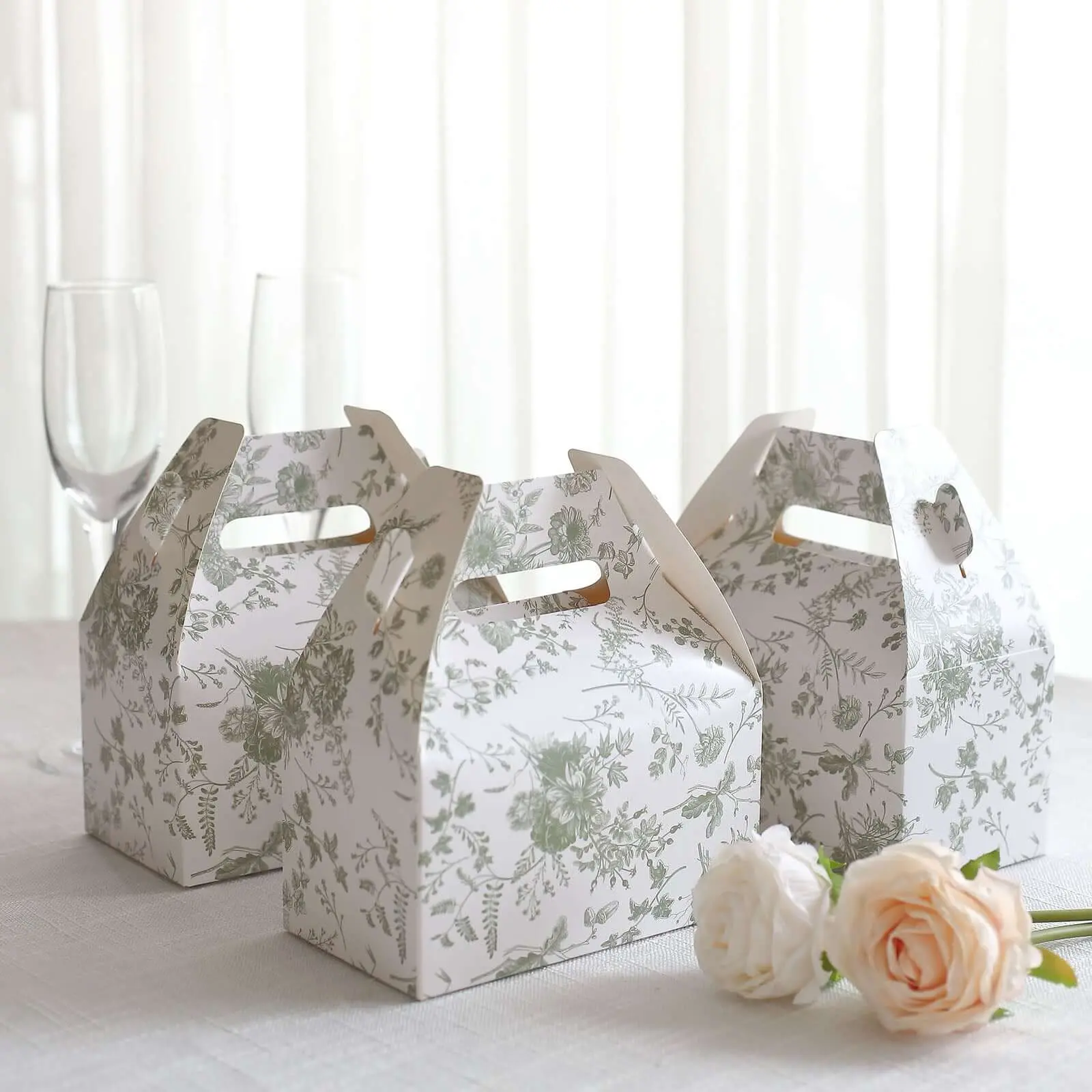 25 Pack White Sage Green Party Favor Gift Tote Gable Boxes in French Toile Pattern, Candy Treat Boxes - 6"x3.5"x7", Box For Gift, Gift Box Design