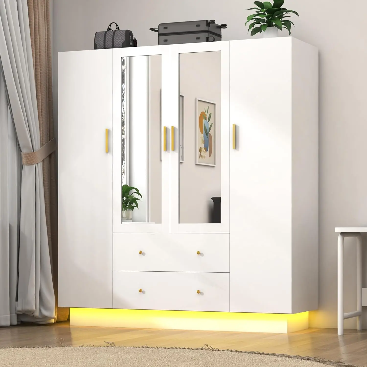 4 Door Wardrobe Closet with Mirrors and LED Lights, Bedroom Armoire with Drawers and Shelves, Modern Wooden Armoire Wardrobe Closet with Hanging Rod for Bedroom, Black/white