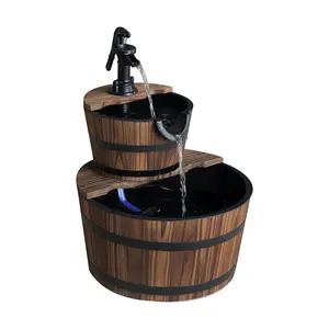 23" 2-Tier Rustic Wooden Barrel Outdoor Fountain with Classic Faucet Design, 3600r/min Adjustable Electric Pump Freestanding Cascading Waterfall Weather Resistant Carbonized Fir Wood Relaxing Water Sound