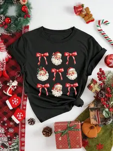 Women Casual Christmas Santa Claus Print Round Neck Short Sleeve T-Shirt, Christmas Gift Graphic Tees Women Tops