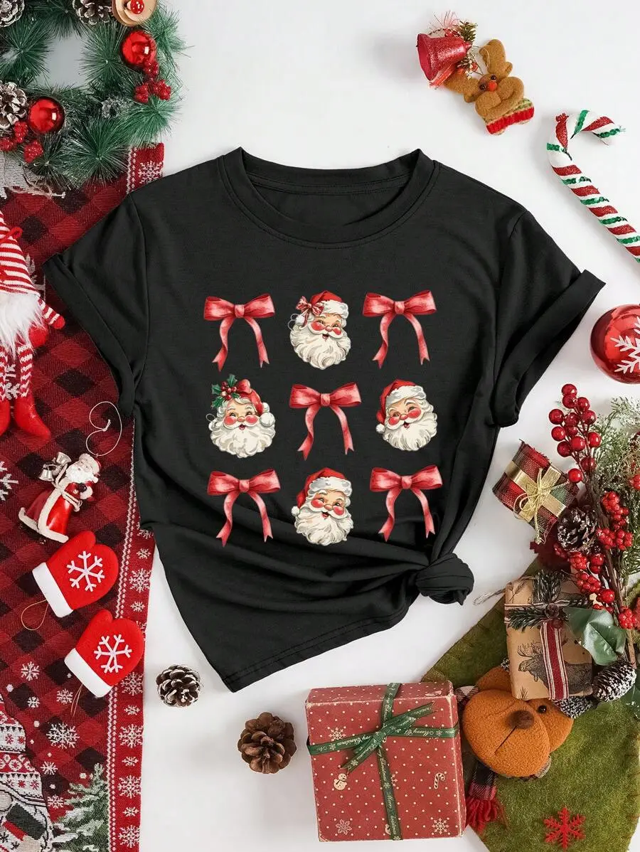 Women Casual Christmas Santa Claus Print Round Neck Short Sleeve T-Shirt, Christmas Gift Graphic Tees Women Tops