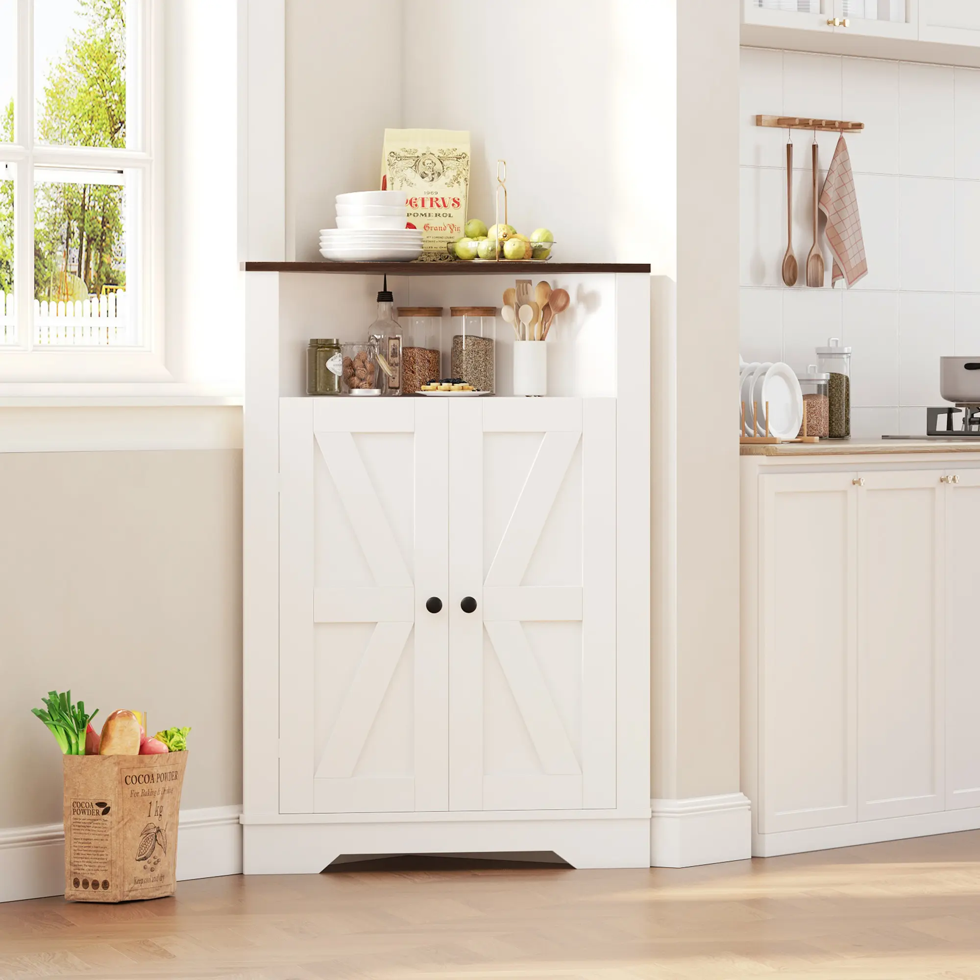Garvee 64.8" Tall Farmhouse Corner Cabinet with 4 Doors and 5 Storage Shelves, Farmhouse Storage Cabinet with Barn Door Design, Home Space Saver for Living Room, Kitchen, Laundry Room