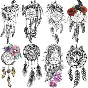 8 Pcs 3D Realistic Temporary Tattoo Stickers, Waterproof Dreamcatcher Feather Eagle Flower Wolf Dragon Totem, Unisex Adult Use
