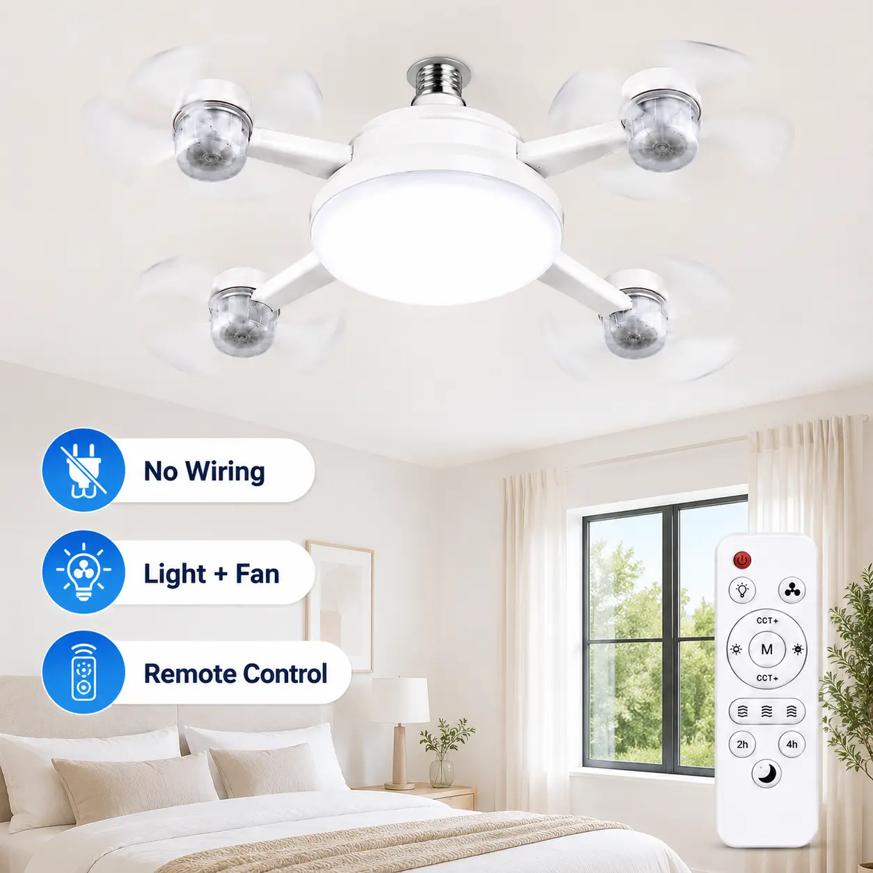 E26/E27 Ceiling Fan Light with Remote Control, 19.69 Inch Screw in LED Fan Light, E26/E27 Base Foldable Ceiling Fan with 4 Fan Heads, Quiet Airflow & Bright Lighting, Easy Installation for Bedroom, Living Room, Kitchen, Office, Dorm, Small Room Use