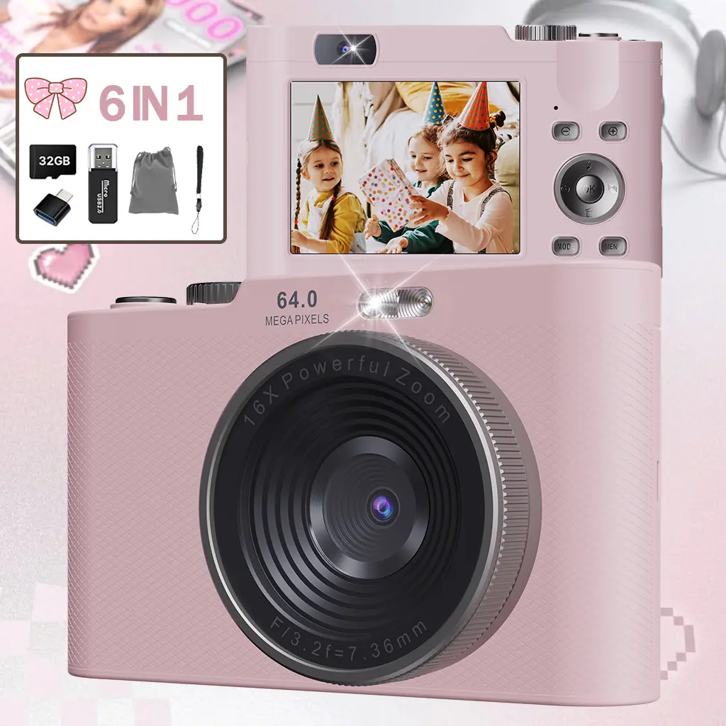 W&O CCD Camera for Beginners, Digital Camera for Photography,  FHD 1080P CCD Vintage Filter Style, Compact Travel Cameras with 32GB Card, 16X Zoom Anti-Shake Point and Shoot Vlogging Camera, Birthday Gift for Teens Students