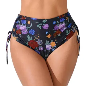 Women's High Waisted Full Coverage Bikini Bottoms Tummy Control Adjustable Drawstring Swim Bottoms