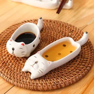 Cute Cat Ceramic Condiment Dishes Set, Creative Home Kitchen Utensils, Multifunctional Spice Plates, Handheld Chopstick Holder, Snack Dip Plate