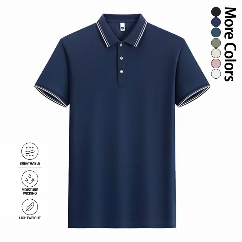 Men’s polyester short-sleeve polo shirt, business-style polo top, breathable moisture-wicking lightweight classic button front, men’s T-shirt for business and casual everyday wear