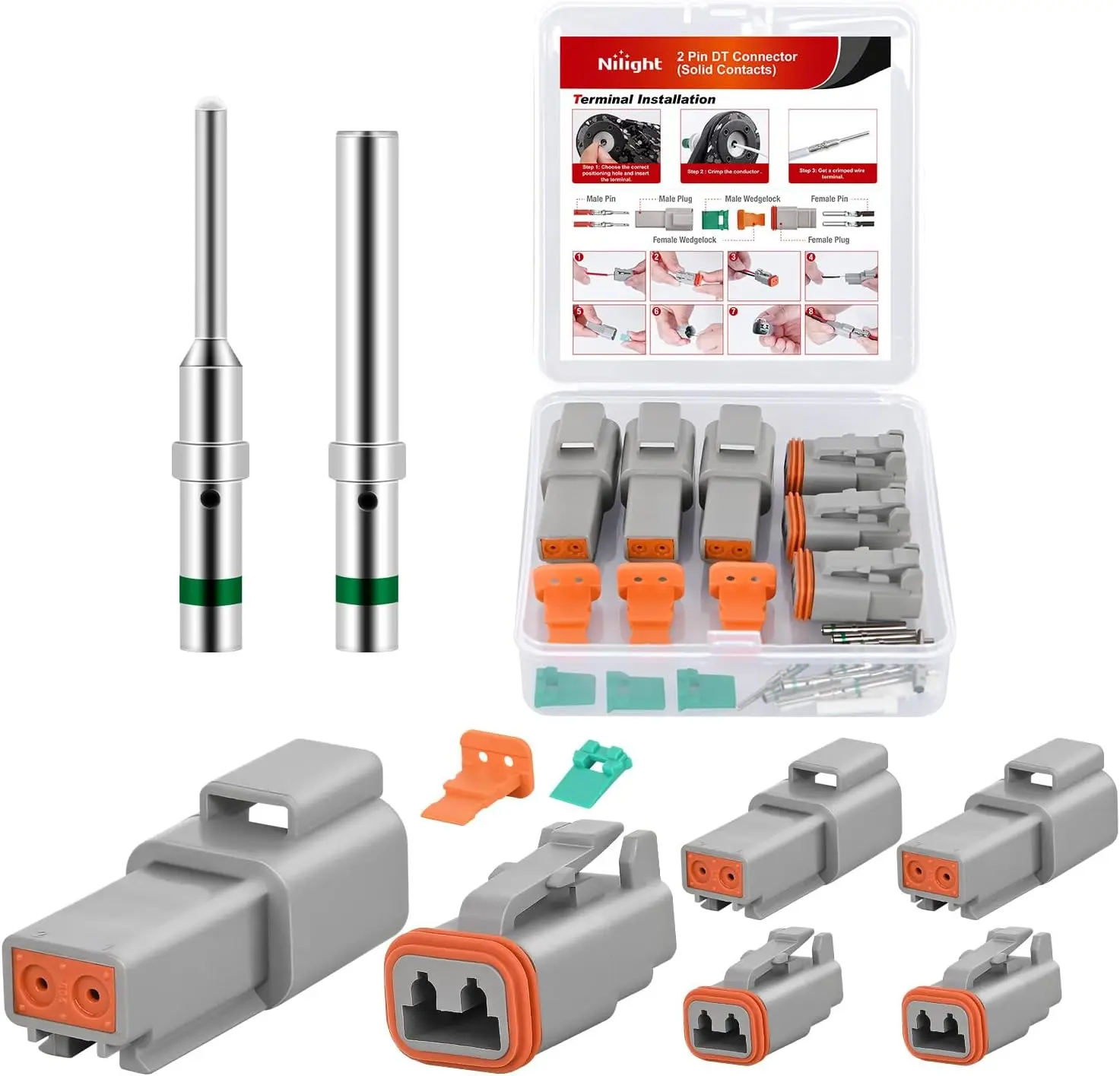 Nilight 3 Sets 2-Pin DT Connector Kit - PA66 Nylon, Copper Snap-On Solid Contacts, Tin Bronze/Nickel Plate, Size 16, IP67 Waterproof Male-Female Terminals for 14-20 AWG Car & Off-Road Vehicles