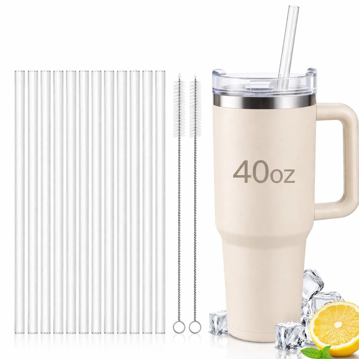 12 Pack Reusable Replacement Straws for Stanley 40 oz 30 oz Tumbler with Handle,Plastic Drinking Straws with 2 Cleaning Brush for Stanley Accessories, Plastic, Clear