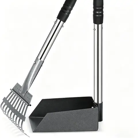 Pet Waste Pickup Tool 2-Piece Set - Adjustable >37" Length Rustproof Snap-Lock Interlocking Long Handle Durable Plastic Kit with 1 Rake, 1 Shovel, Nonstick Hose-Off Cleanup for Grass/Dirt/Gravel Surfaces, Easy to Clean