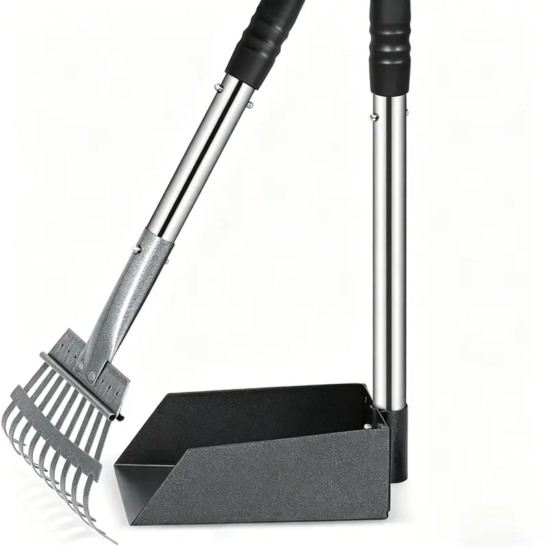 Pet Waste Pickup Tool 2-Piece Set - Adjustable >37" Length Rustproof Snap-Lock Interlocking Long Handle Durable Plastic Kit with 1 Rake, 1 Shovel, Nonstick Hose-Off Cleanup for Grass/Dirt/Gravel Surfaces, Easy to Clean