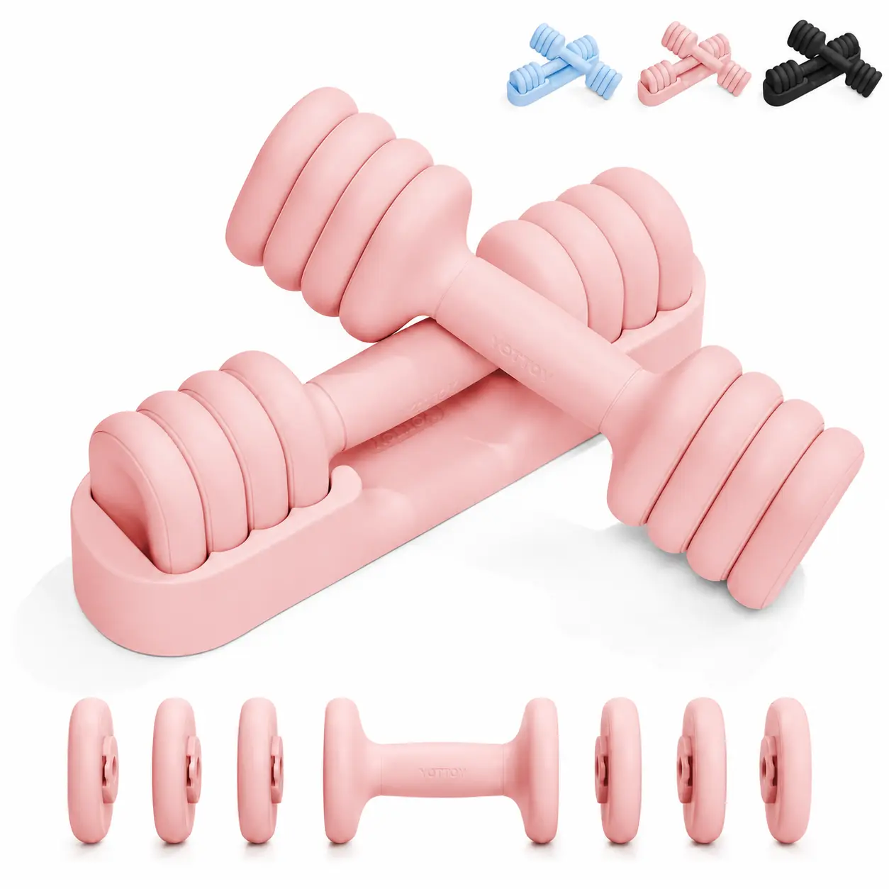 YOTTOY Adjustable Dumbbells Set of 2 - 2-5 lbs Women's Weights with Soft Grip, Tray, Base Keeps Weights, Compact Form - Home Fitness Equipment, Workout Equipment for Arm Strength Training, Fit at Home