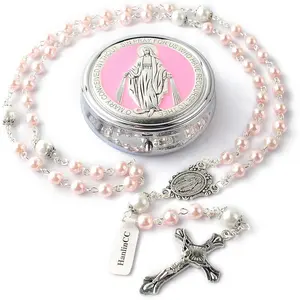 6mm Glass Pearl Beads with 8mm Our Father Beads with Caps Rosary Pack in Miraculous Metal Gift Box