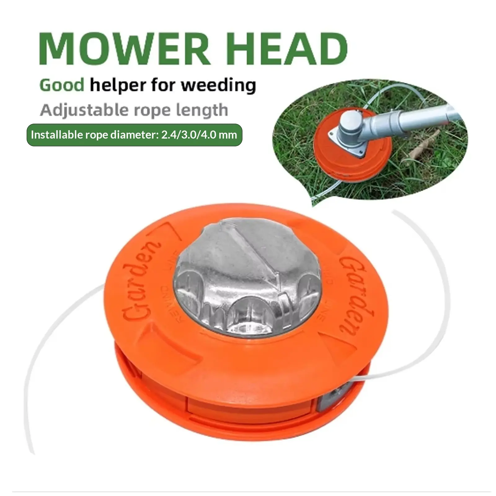 Universal brushcutter/brush mower attachment head with rope spool for weed cutting; compatible with various brushcutters/brush mowers
