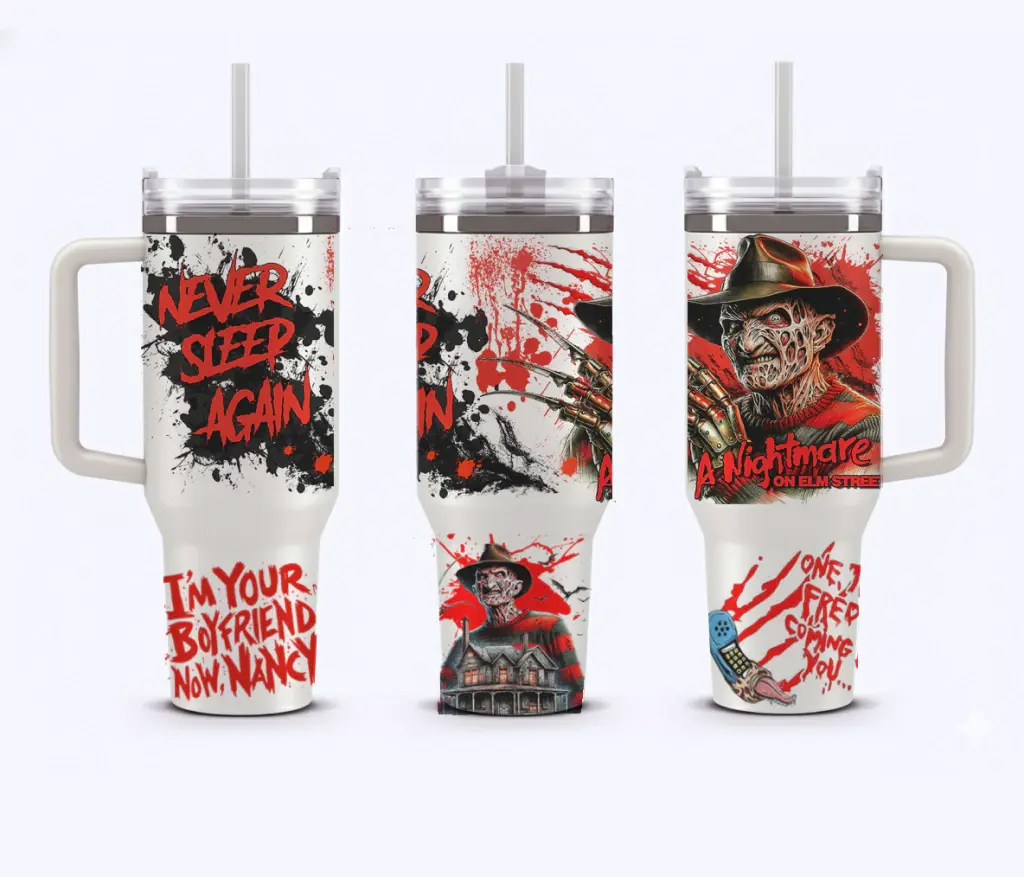Freddy Krueger 40oz Tumbler With Handle, A Nightmare on Elm Street Horror Movie Inspired Travel Mug, Never Sleep Again Stainless Steel Cup, Halloween Horror Fan Gift, Double Sided Insulated Tumbler With Straw Lid