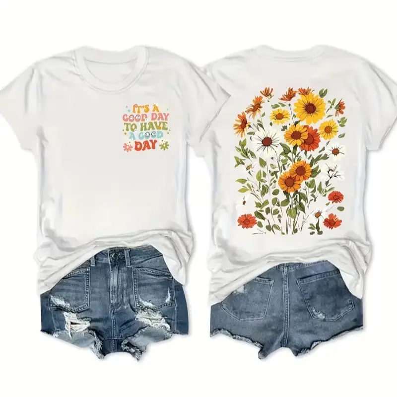 Women's Cotton Round Neck Short-Sleeve Tee Tops - Double-Sided, Casual, Colorful, Fitted, Lightweight, Sunflower-Daisy Floral Print, Pair with Denim