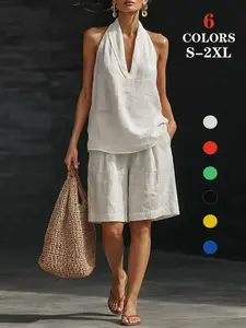 2026 Summer Trendy Women's Y2K 2 Piece, Halter V Neck Sleeveless Top, Casual Shorts Streetwear Set, Outfit, Fashionable and Comfortable