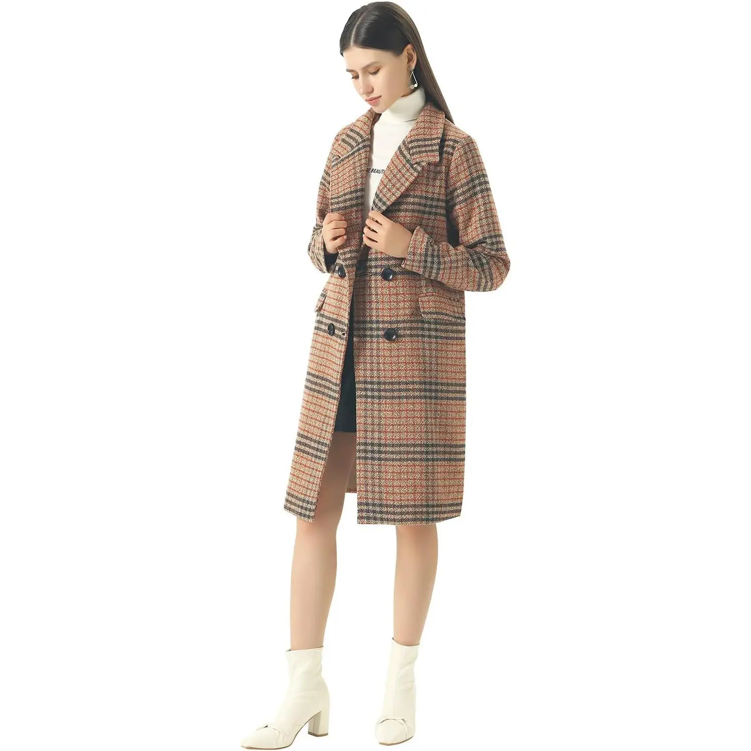YOEASY Women's Winter Oversize Lapel Collar Woolen Plaid Double Breasted Long Peacoat Jacket ,fall clothing,trench coat collection casual versatile outerwear