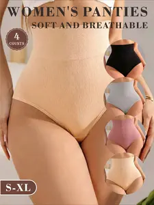 Women's High Waist Abdominal Control Panties Shapewear, Breathable Stretchy Belly Support Underwear, Comfortable Elastic Fit, Pack of 4