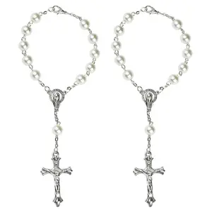2PCS White Imitation Pearl Beads Christian Crucifix Rosary Bracelet Party Favor