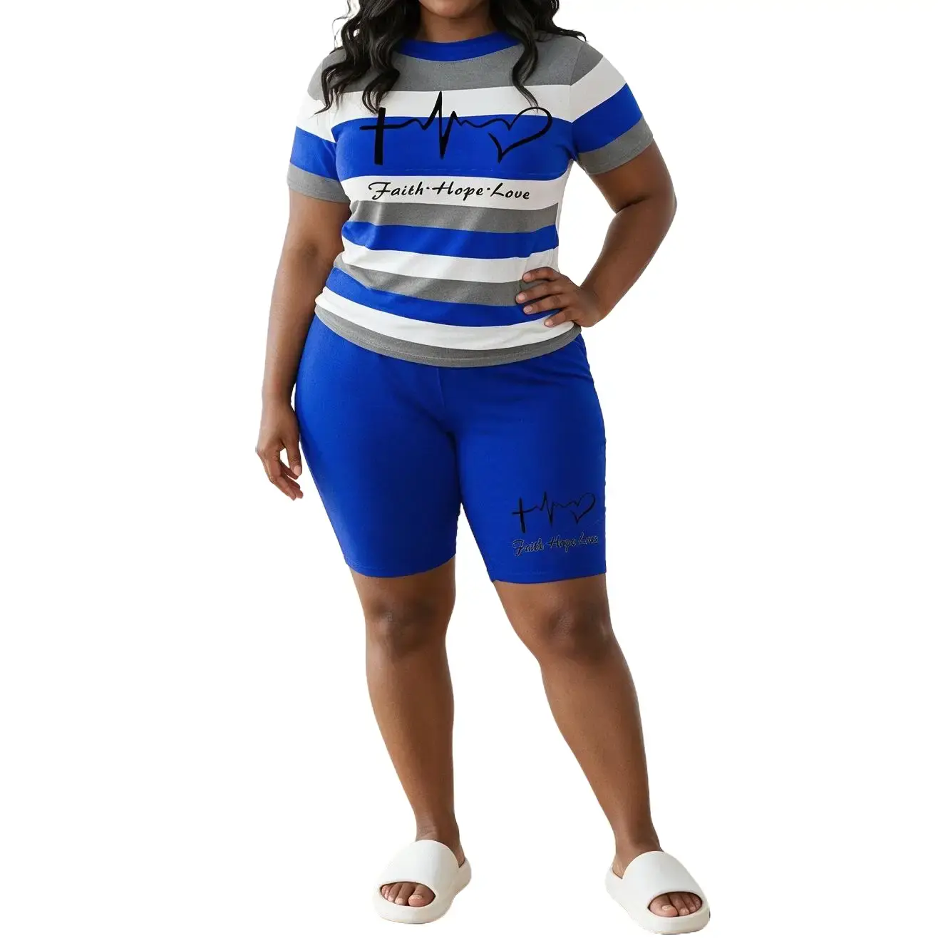Plus Size Women 2 Piece Short Outfit, Striped Short Sleeve Graphic Tee & High Waist Biker Shorts Casual Loungewear Set