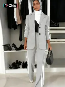 Women's Striped Print Blazer Jacket & Wide Leg Pants Set, Casual Fitted Suit for All Seasons, Stylish Ladies' Clothing Ensemble, Matching Suits, Curve Hugging, Versatile, Everyday, Street Style, Curvy Fit