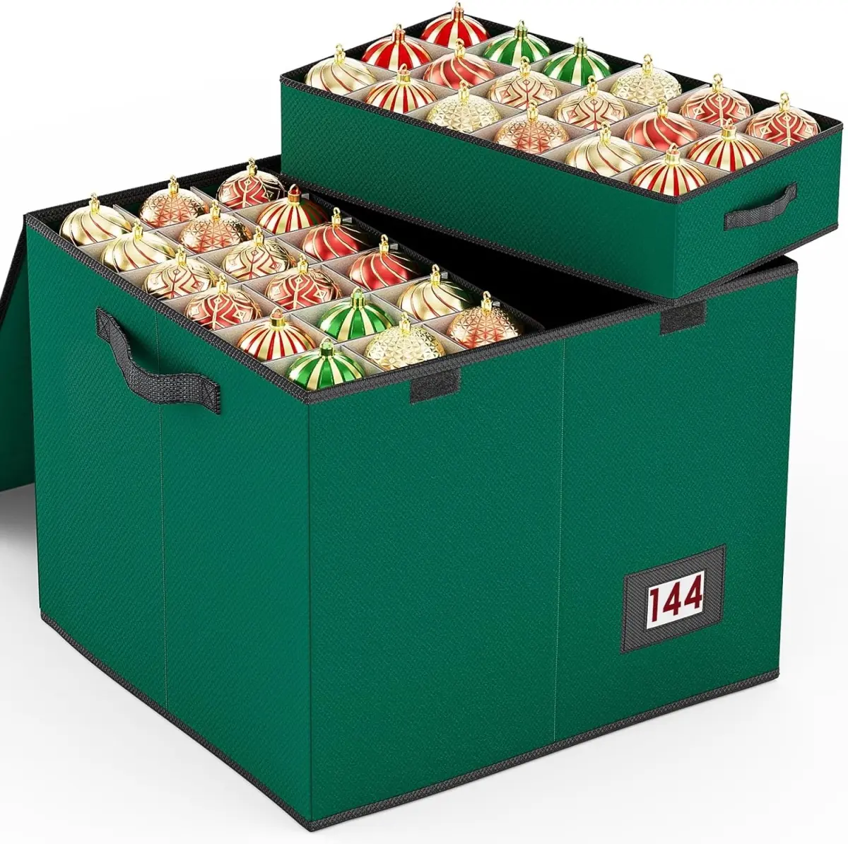 Venkuber HD-Greenbox 3-in-1 Foldable Christmas Tree Decoration Storage Box - 144ct Capacity, 8 Stackable Trays, Exterior Handles, Adjustable Boxed Storage Box with Compartments for Home Organization, Rectangle