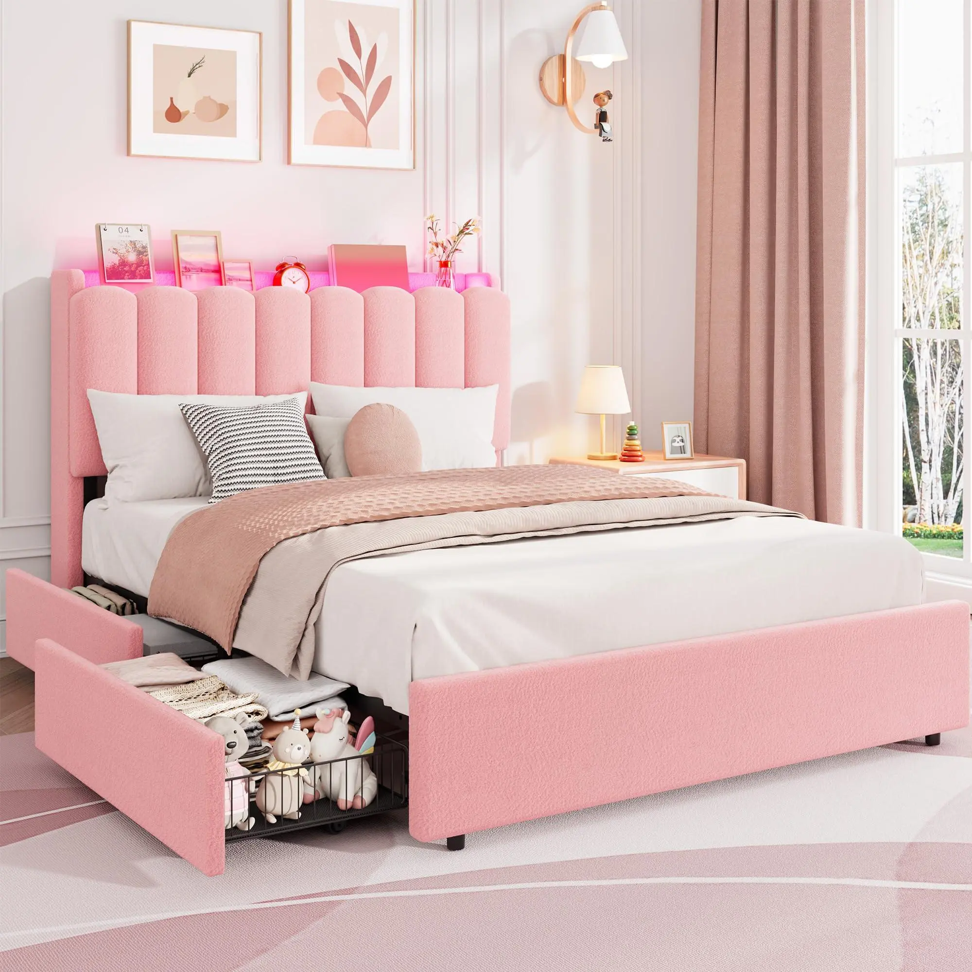 LED Full Bed Frame with Storage Headboard,Kids Bed Frame with 2 Drawers,Boucle Upholstered Platform Bed for Girls,Chic Wavy Headboard with Bookcase,No Box Spring Needed,Pink