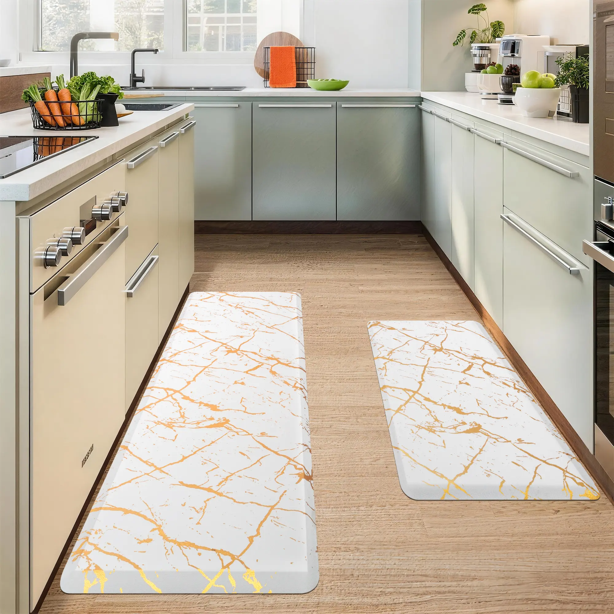 UKISS 2-Piece Marble-Patterned Kitchen Rug Set - Thick, Fatigue-Relieving, Waterproof, Non-Slip Standing Mats (17.3x28in + 17.3x48in) for Kitchen