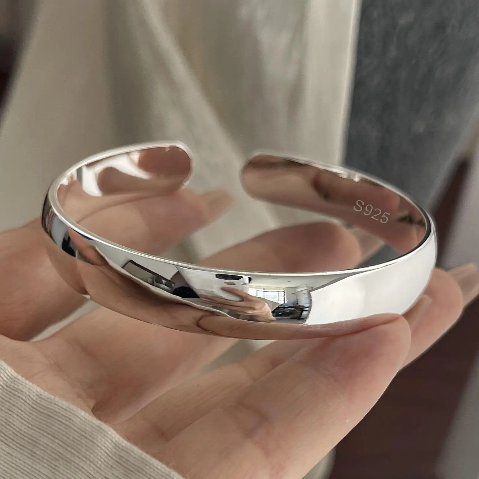100% Solid 925 Sterling Silver Retro Bracelet for Women Men Vintage Handmade Wide Simple Bracelet Birthday Gift