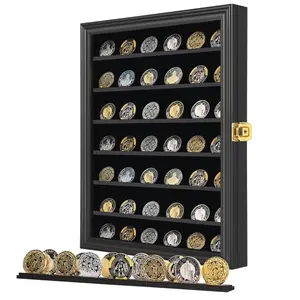 IHEIPYE Military Challenge Coin Display Case Lockable Cabinet Rack Holder Shadow Box with Removable 2 Grooves Shelves Anti Dust Door for Casino Poker Chips Collectibles Large Black 1 Pack