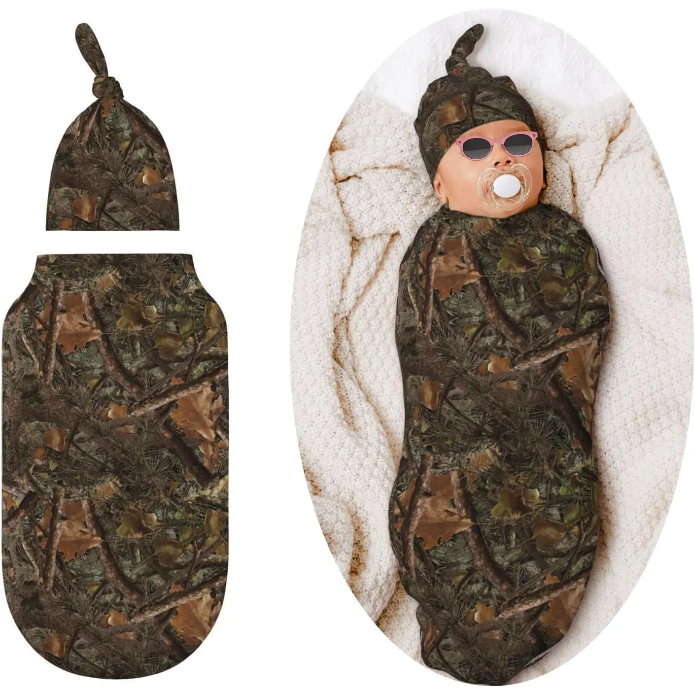 Newborn Sleep Sack and Hat Set, Soft Polyester Camo Swaddle Wrap for Baby Boys & Girls, Sleeveless Sleeping Bag for All Seasons, Baby Gift, Unisex, No Zippers, No Snaps, Swaddle Sleeping Bag