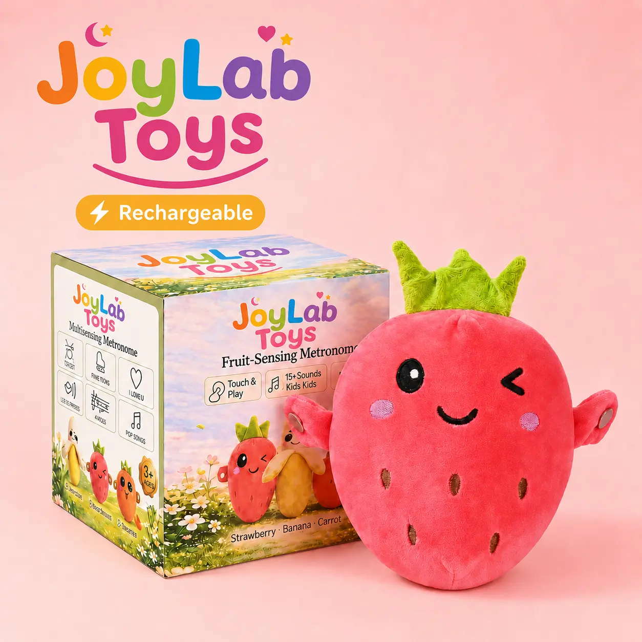 JoyLabToys Strawberry interactive Music Plush Toy Set-Banana,Strawberry & Carrot Electric Plush Toys forParent-Child Interaction, Couples & FriendsPrank Toy, Valentine's Day & Easter Party FunGift for Kids & Adults stuffed animals cute girlygifts