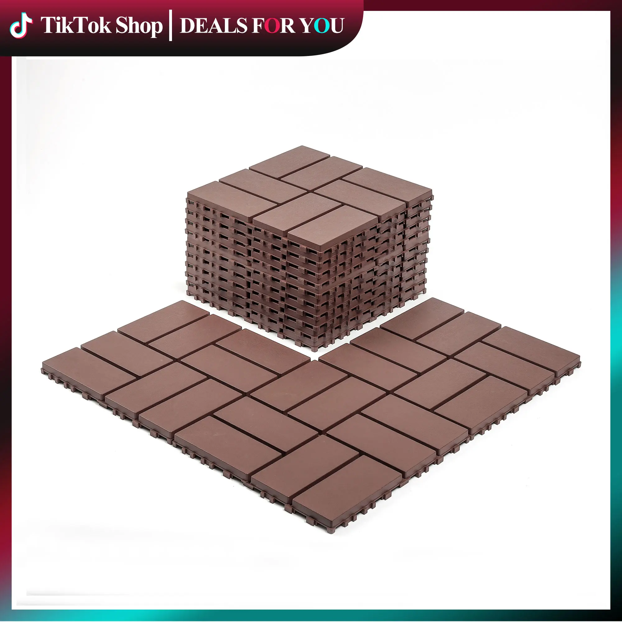 12"x12" Interlocking Porcelain Floating Click-Parquet Deck Tiles - 44-Pcs (44 sqft), All-Weather Waterproof Outdoor Flooring, Easy Install/Easy to Clean, for Patio, Balcony, Brown, Green