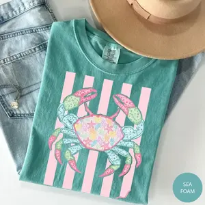 Comfort Colors Coastal Crab T-shirt, Preppy Seashell Beach Tee, Coquette Pastel Striped Shirt, Ocean Lover Summer Aesthetic Top